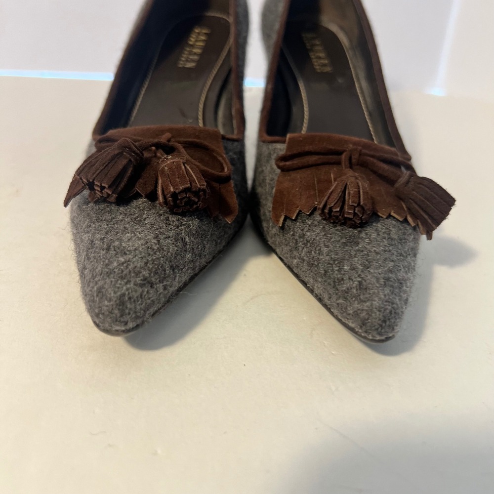 Lauren Ralph Lauren Stilla Grey Wool Tassel Pumps Brown Suede Trim 8.5B - Picture 3 of 8